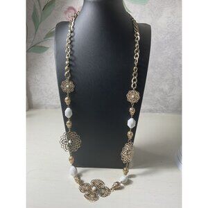 Gold Tone Floral Filigree Necklace With White Beads & Adjustable Chain